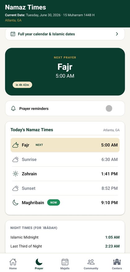 Prayer Times screen